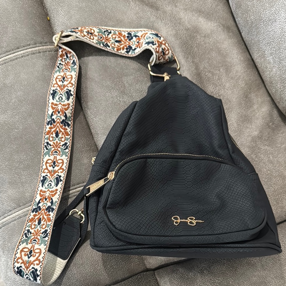 Black Textured Backpack with Patterned Strap